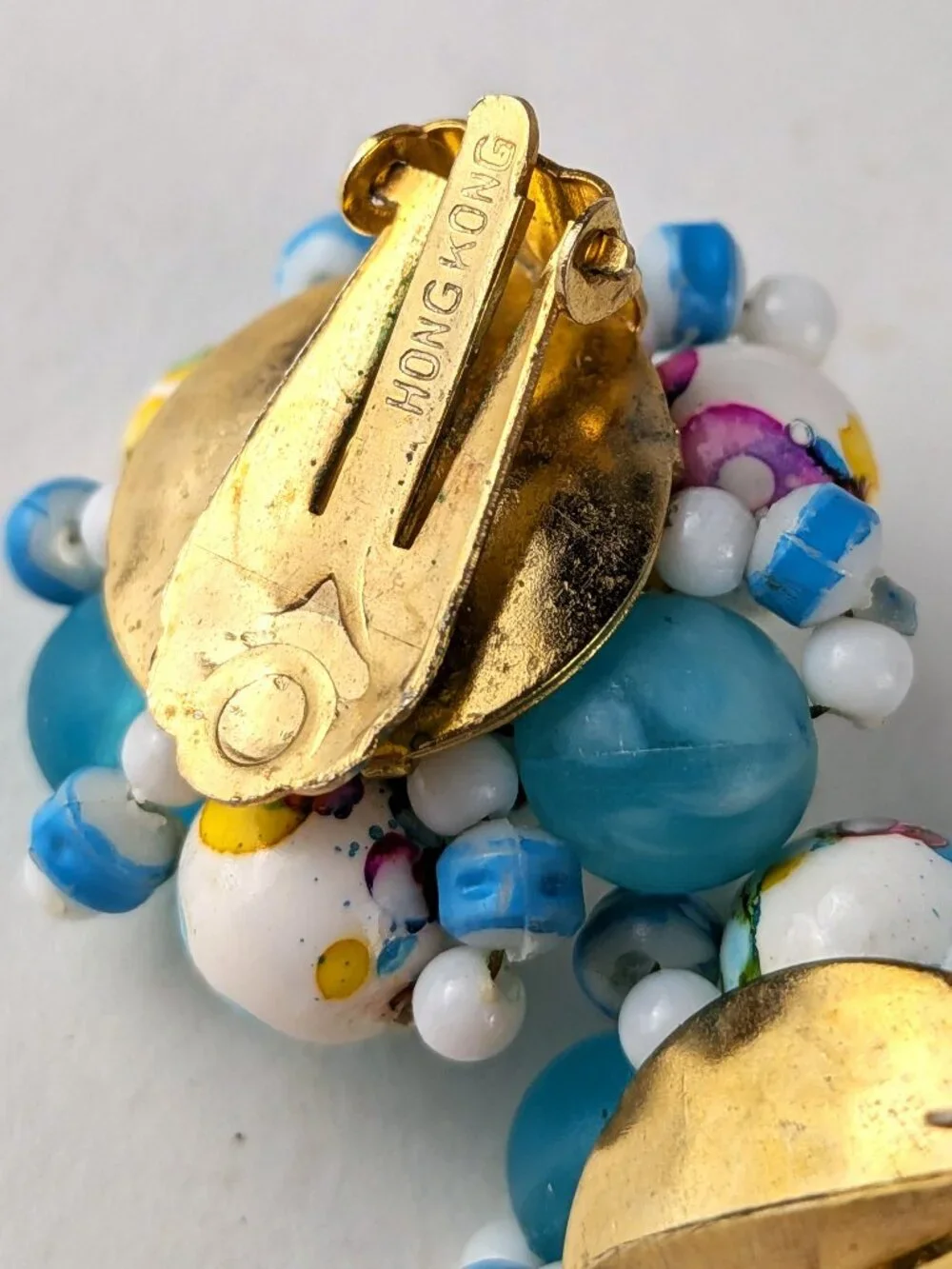 Vintage Blue/White Speckled Beaded Clip-On Earrings
